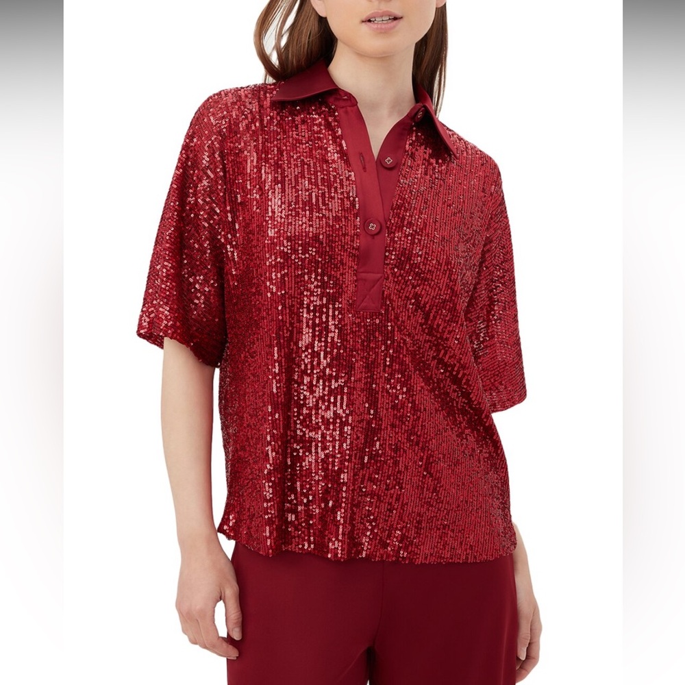 Trina Turk Aika Sequin Satin Collar Short Sleeve Top Size M In Red